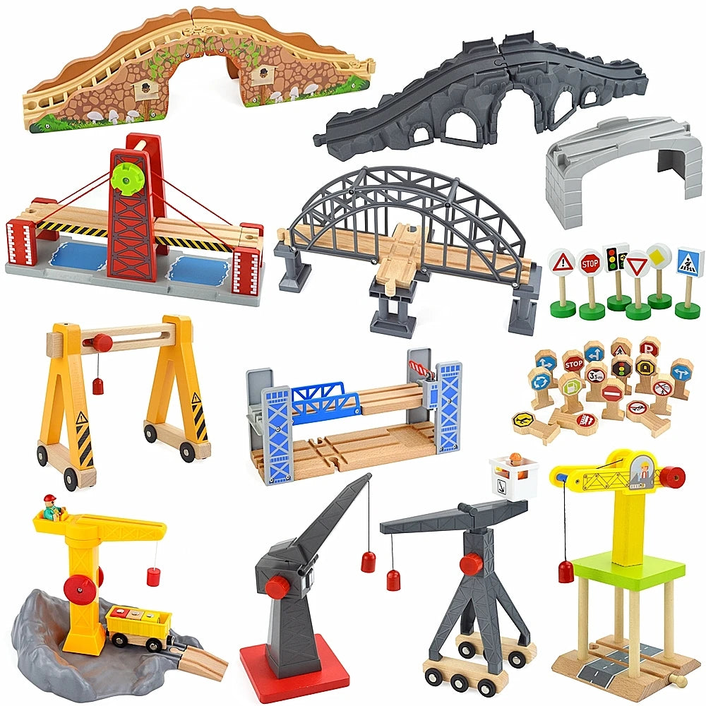 Piste de train en bois pour enfants, enseigne de rue, pont, accessoires de voie, pistes en bois Brio