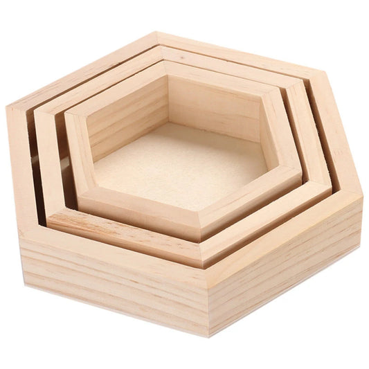 Hexagonal wooden boxes, sizes D115/D145/D173mm 