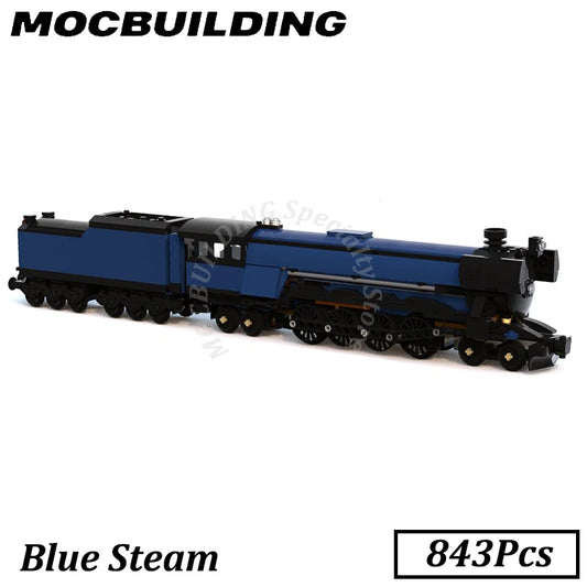 Blue steam locomotive, MOC bricks, 843 pieces 