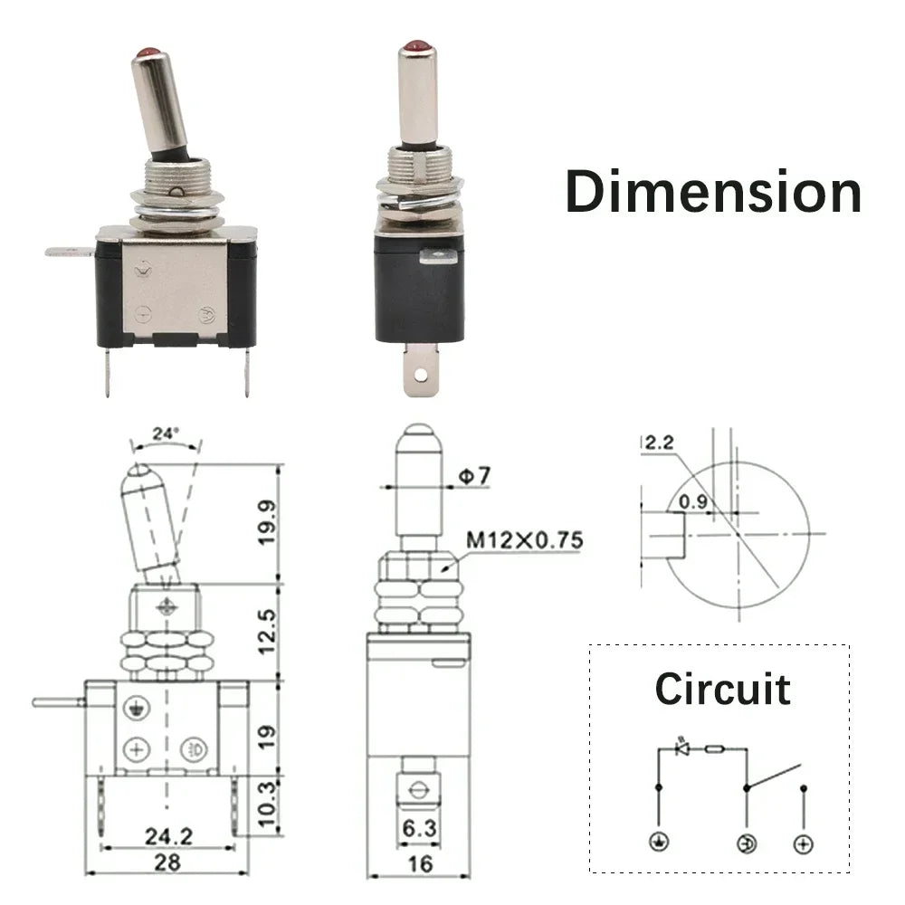 Rocker Switch, Illuminated 12V DC, 2 Position Latching, 3 Pins, ON OFF 20A, LED Light Red, Green, White, 5 Pieces 