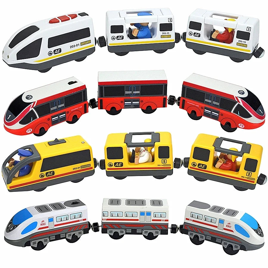 Holzeisenbahn-Spielzeug für Kinder, magnetisches und elektrisches Set, kompatibel mit allen Holzmarken, Biro-Eisenbahnschienen 