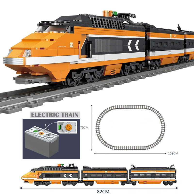 Battery-powered electric toy train, buildable 