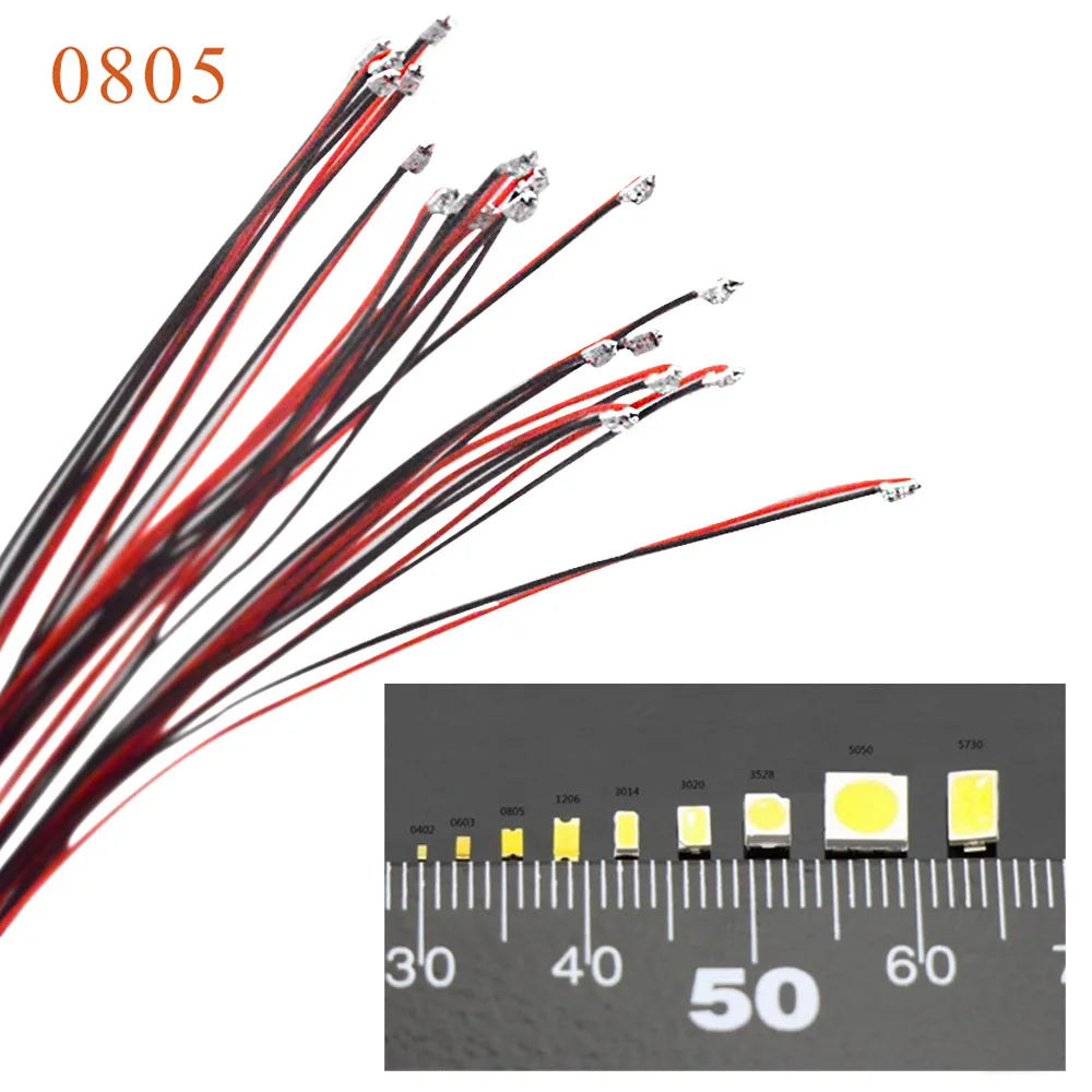 Lot de fils de micro litz LED 3V pré-soudés, 20 pièces, échelle 00-N OO, 0805 SMD, fils de 20cm