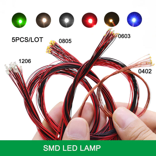 Micro Wired SMD LED Lamp 0402 0603 0805 1206, 5Pcs/Lot, Pre-Soldered Litz Wired Chip, 20cm, 3V, Railway Model Scenes, DIY 