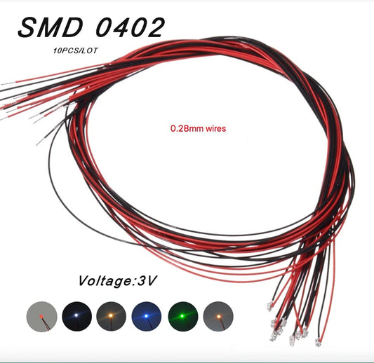 Micro Litz Wired SMD 0402 LED Lamp, Wire Model, Model Train, 00-N OO Scale, Pre-Soldered, Wires, 3V, 20cm, 0.28mm, 10Pcs 