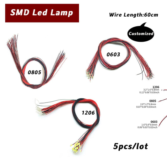 5pcs/lot 3V micro SMD LED lamp wire length 60cm 0603 0805 1206 pre-soldered micro litz DIY model making 