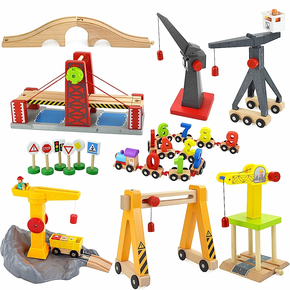 Piste de train en bois pour enfants, enseigne de rue, pont, accessoires de voie, pistes en bois Brio