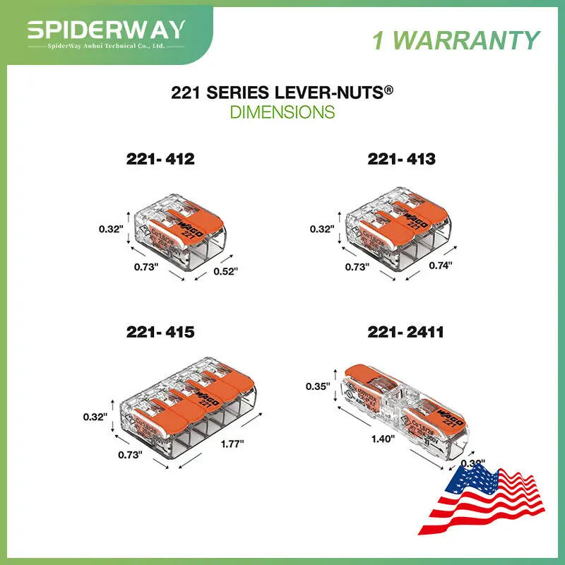 221 WAGO series wire connectors, Wieshamm, 3 pcs, 221-412, 221-413, 1 pcs, 221-415, 3 pcs, 221-2411, 10 pcs 